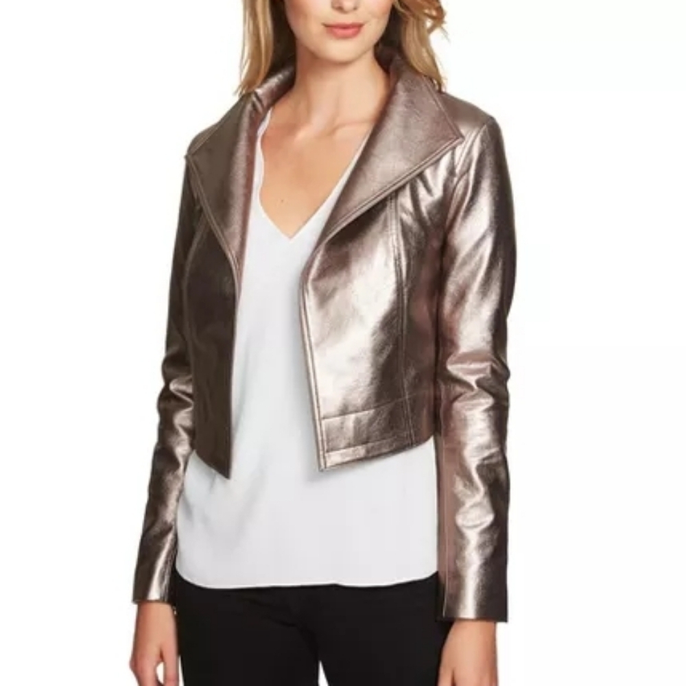 1.STATE Women's Cropped Metallic Faux Leather Jacket Size Small
